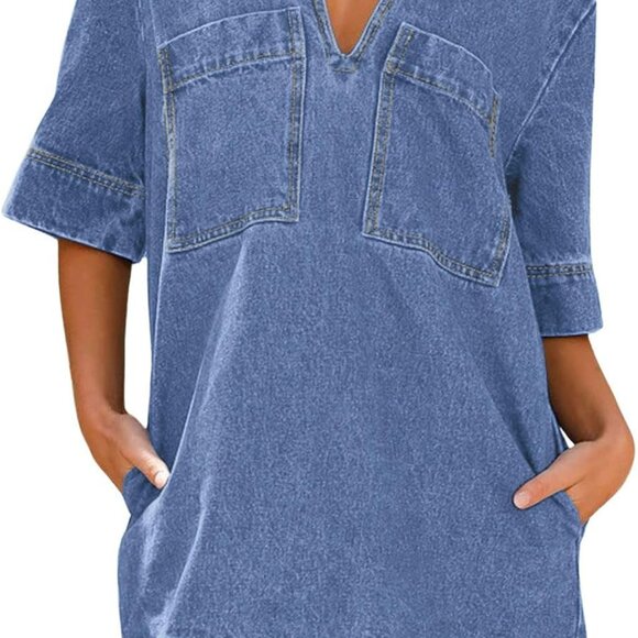 Women Loose Denim Dress Short Sleeve Summer Casual Tunic Pullover Dress